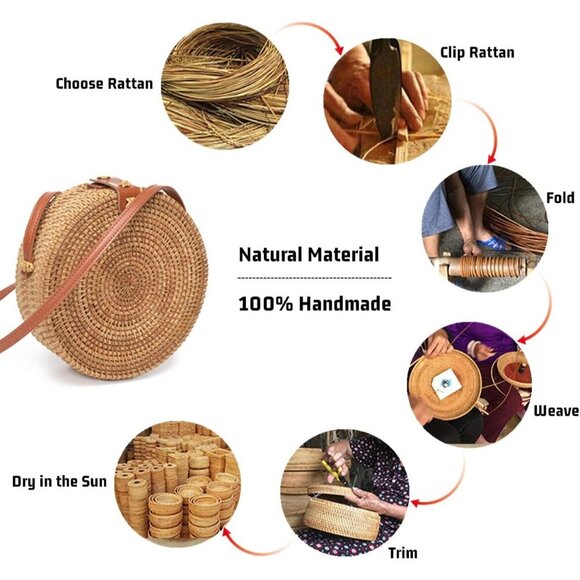 Handwoven Rattan Bag for Women Adjustable Leather Straps Bali Straw Bag - Picture 6 of 7